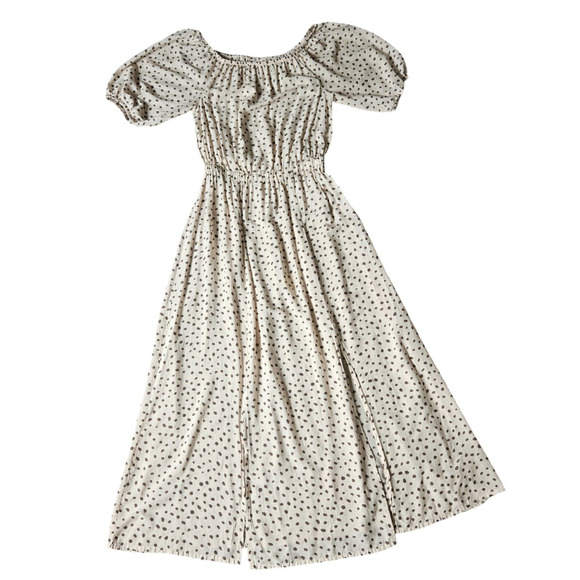 Lascana Off Shoulder Maxi Dress Sz 8 Beige Polka Dot Modal Boho Resort Vacay - Picture 1 of 14